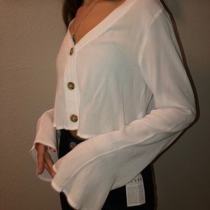 White mesh/ silk top with bell sleeves